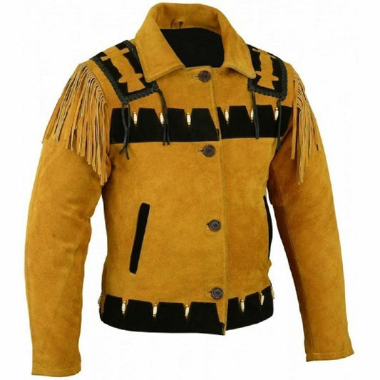 Men's Native American Western Cowboy Leather Jacket Suede Fringe & Beaded - Golden