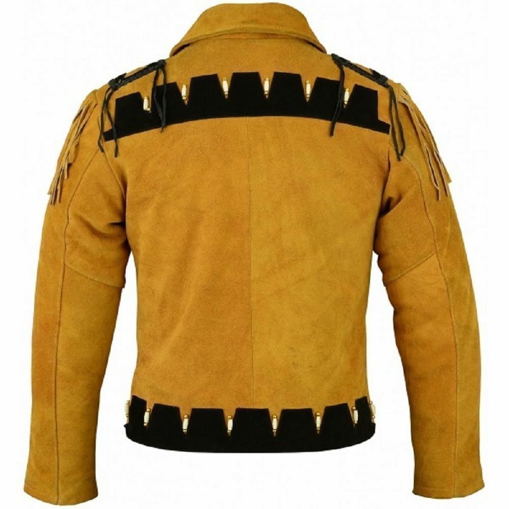 Men's Native American Western Cowboy Leather Jacket Suede Fringe & Beaded - Golden