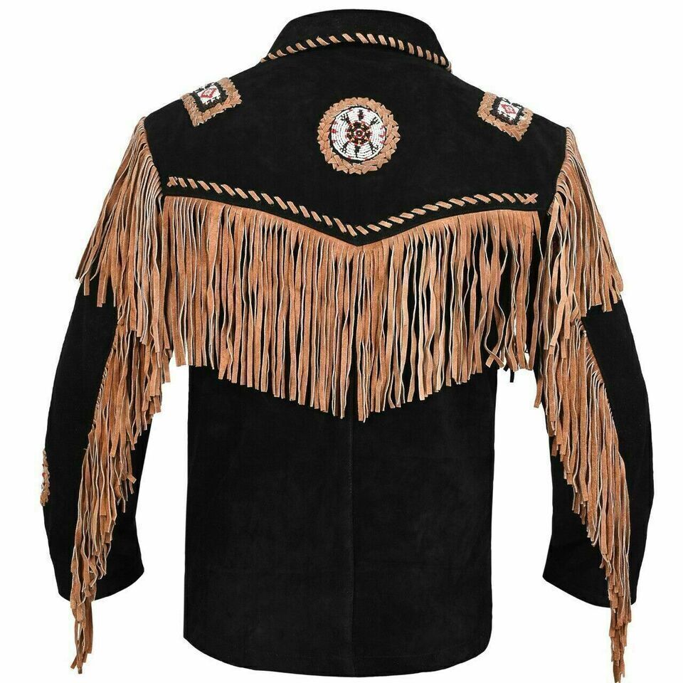 Men's Western Cowboy Real Leather Jacket Native American Fringe Beads Jacket Coat