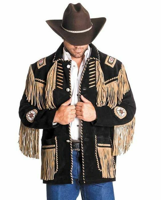 Men's Western Cowboy Real Leather Jacket Native American Fringe Beads Jacket Coat