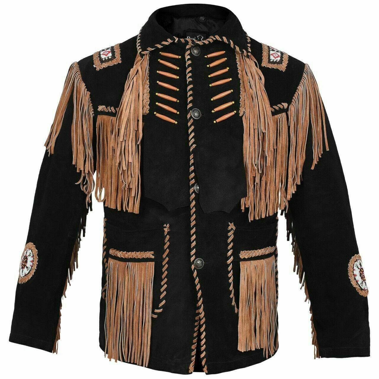 Men's Western Cowboy Real Leather Jacket Native American Fringe Beads Jacket Coat