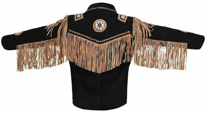 Men's Western Cowboy Real Leather Jacket Native American Fringe Beads Jacket Coat