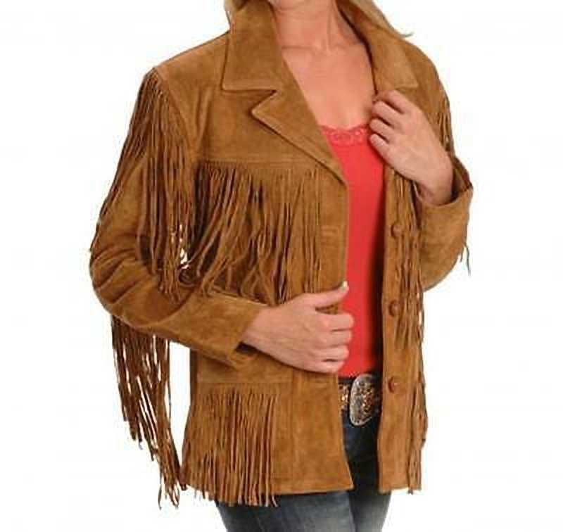 Women Native American Western Cowboy Leather Jacket Fringe Suede Jacket - Button