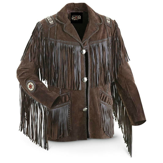 Men's Traditional Western Cowboy Leather Jacket coat with fringe bones and beads