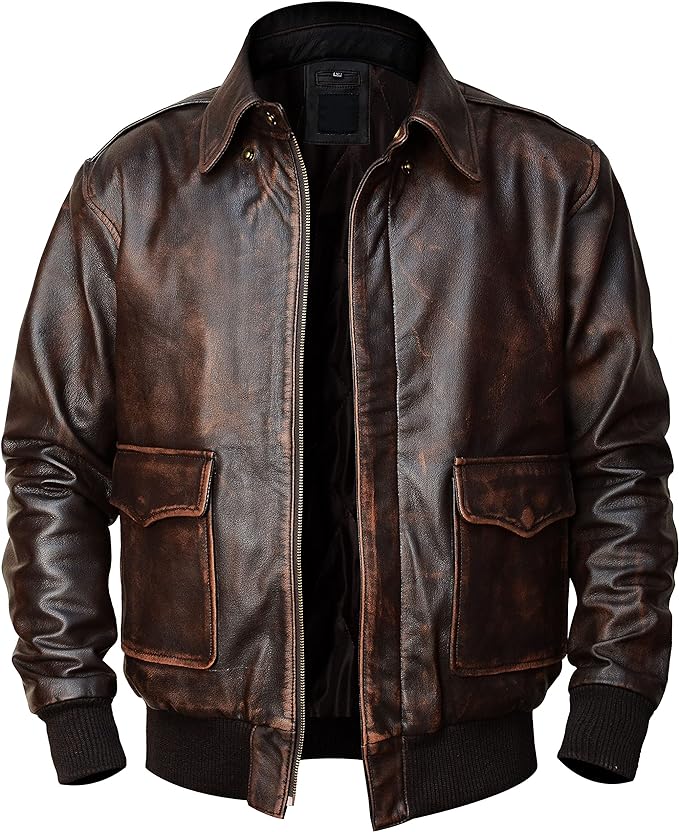 Men's New A-2 Flight Aviator Pilot Distress Brown Bomber Genuine Leather Jacket