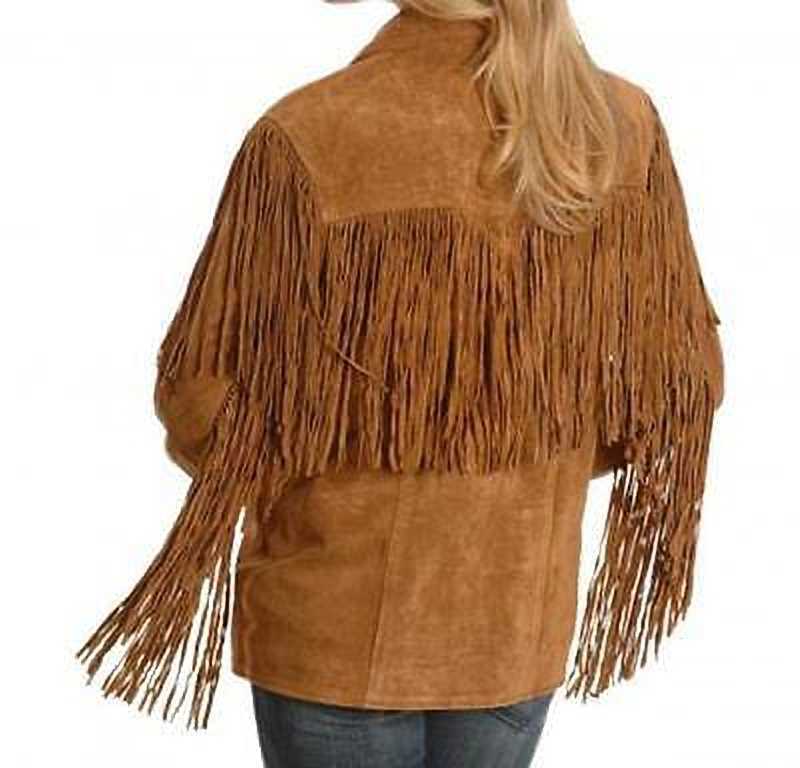 Women Native American Western Cowboy Leather Jacket Fringe Suede Jacket - Button