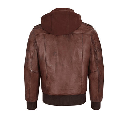 Men's Brown Hooded Bomber Jacket With Multiple Front Pockets Bomber Leather Jacket