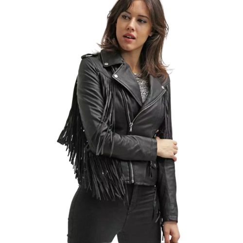 Women Black Real Leather Short Body Brando Style Jacket With Fringes