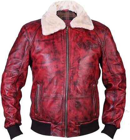 Leather Hustler Mens Real Leather Jacket-Red Pilot Style Bomber jacket