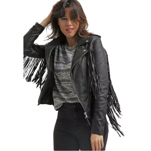 Women Black Real Leather Short Body Brando Style Jacket With Fringes