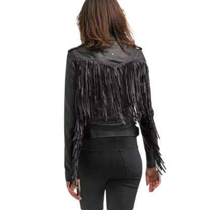 Women Black Real Leather Short Body Brando Style Jacket With Fringes