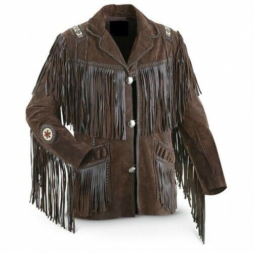 Men's Native American Cowboy Leather Jacket Fringe & Beaded Western Suede Jacket