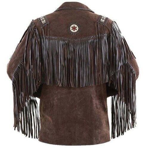 Men's Native American Cowboy Leather Jacket Fringe & Beaded Western Suede Jacket