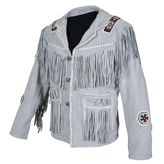 Men's Native American Western Cowboy Leather Jacket Suede Leather Fringe & Beaded