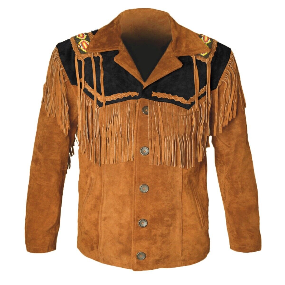 Men's Native American Cowboy Leather Jacket Fringe & Beads Western Suede Jacket