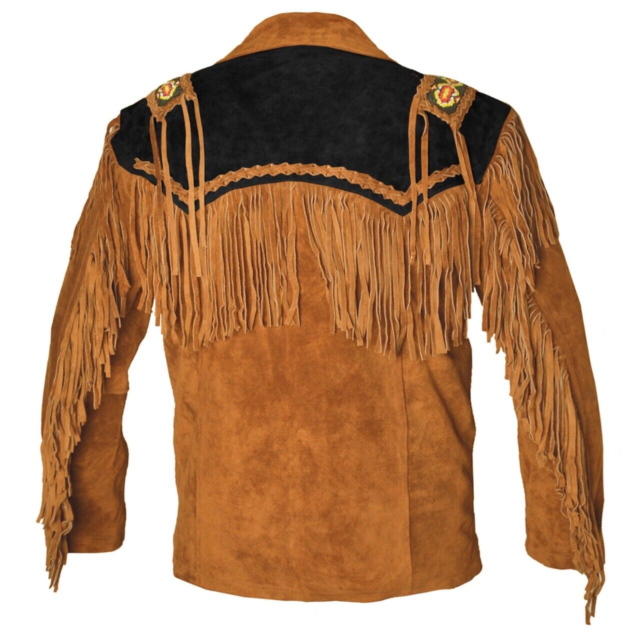 Men's Native American Cowboy Leather Jacket Fringe & Beads Western Suede Jacket