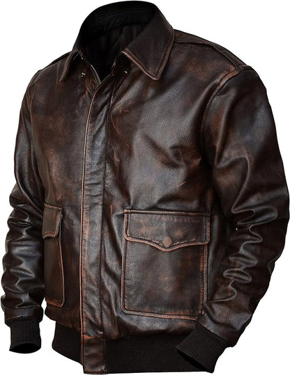 Men's New A-2 Flight Aviator Pilot Distress Brown Bomber Genuine Leather Jacket