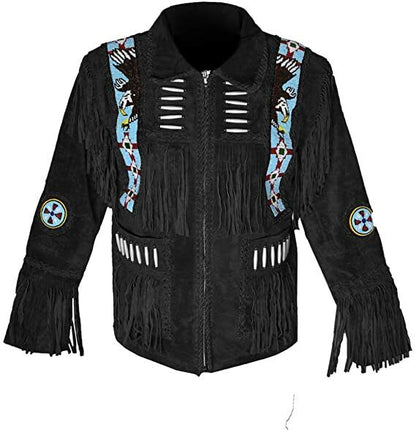 Men's Native American Western Cowboy Leather Jacket Suede Fringe & Eagle Bead Work