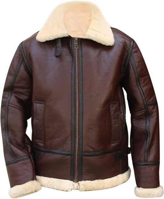 Men's RAF B3 Aviator Flight Pilot WWII Fur Shearling Brown Bomber Leather Jacket