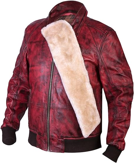 Leather Hustler Mens Real Leather Jacket-Red Pilot Style Bomber jacket