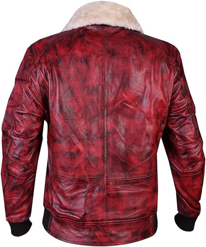 Leather Hustler Mens Real Leather Jacket-Red Pilot Style Bomber jacket