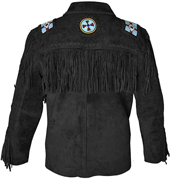 Men's Native American Western Cowboy Leather Jacket Suede Fringe & Eagle Bead Work