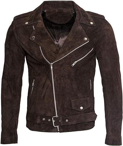 Men's Classic Brando Casual Brown Tan Suede Leather Biker Jacket