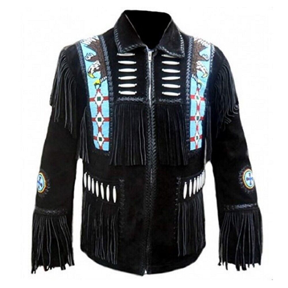 Men's Native American Western Cowboy Leather Jacket Suede Fringe & Eagle Bead Work