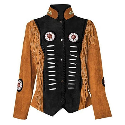 Women Suede Leather American Native Style Jacket Fringed & Beaded - Contrast