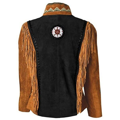 Women Suede Leather American Native Style Jacket Fringed & Beaded - Contrast