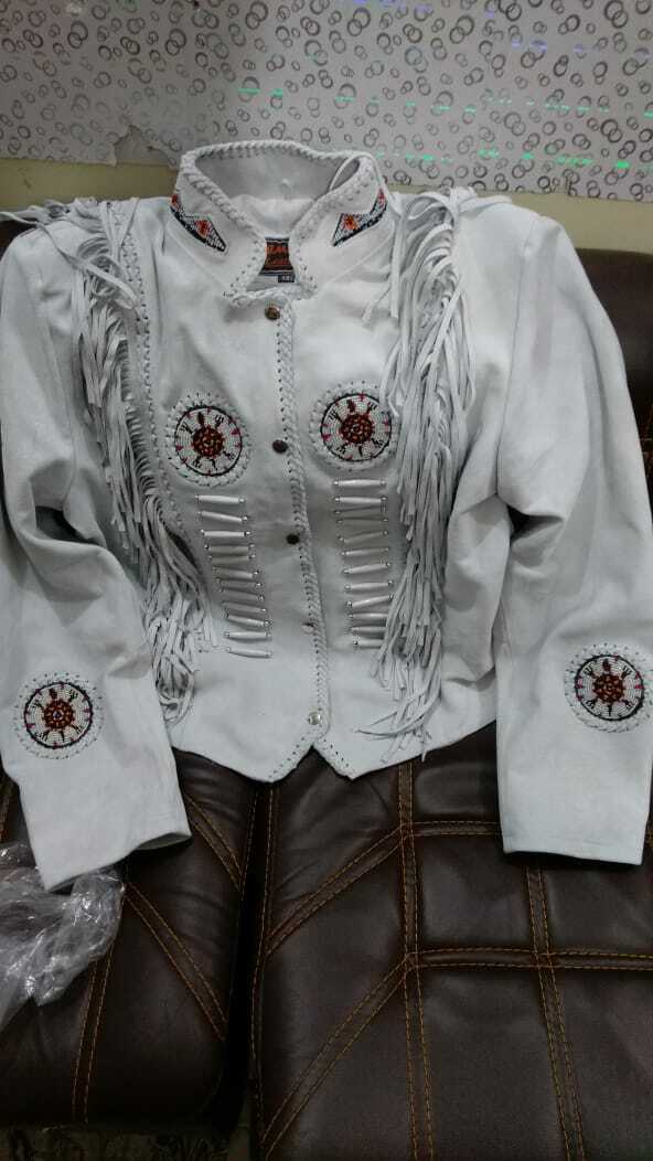 Women Native American Western Cowboy Leather Jacket Suede Fringe & Bead Work