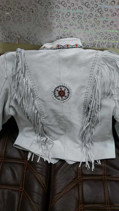 Women Native American Western Cowboy Leather Jacket Suede Fringe & Bead Work