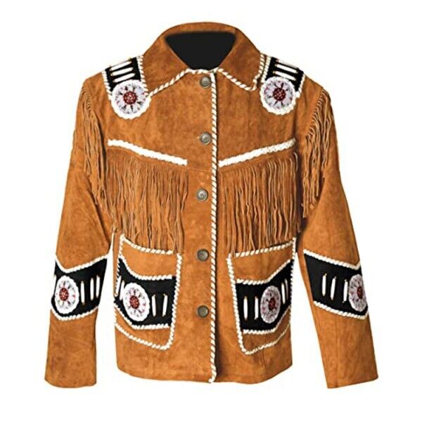 Women Golden Brown Suede Leather Jacket Fringed & Beaded - American Native