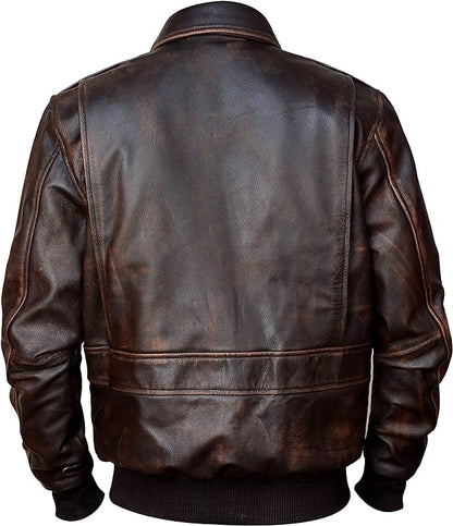 Men's New A-2 Flight Aviator Pilot Distress Brown Bomber Genuine Leather Jacket