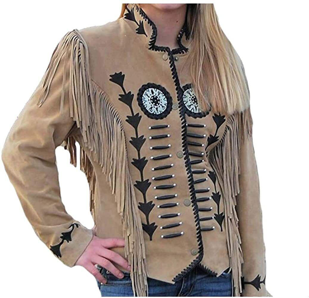 Women Beige Western Style Suede Leather Jacket Fringe - Beaded & Embroidered