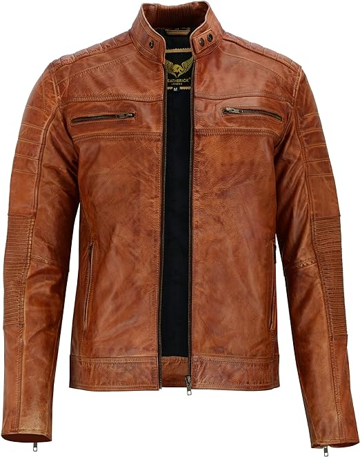 Mens Distressed Tan Brown Genuine Leather Cafe Racer Biker Jacket