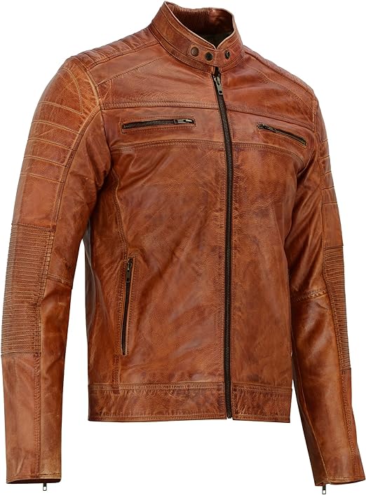 Mens Distressed Tan Brown Genuine Leather Cafe Racer Biker Jacket