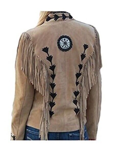 Women Beige Western Style Suede Leather Jacket Fringe - Beaded & Embroidered