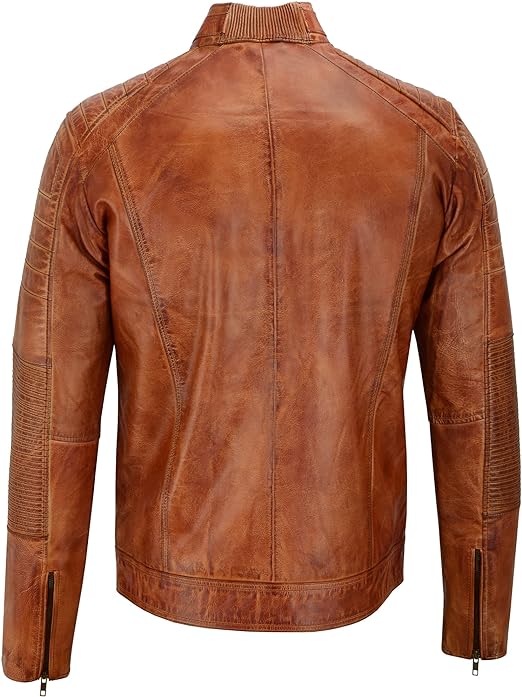 Mens Distressed Tan Brown Genuine Leather Cafe Racer Biker Jacket