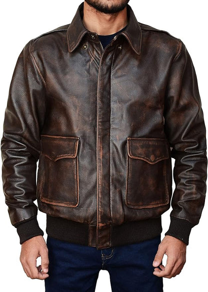 Men's New A-2 Flight Aviator Pilot Distress Brown Bomber Genuine Leather Jacket