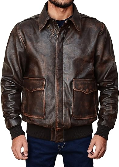 Mens  Leather Jacket  Air Force Flight Pilot Aviator  Brown Bomber Leather jacket