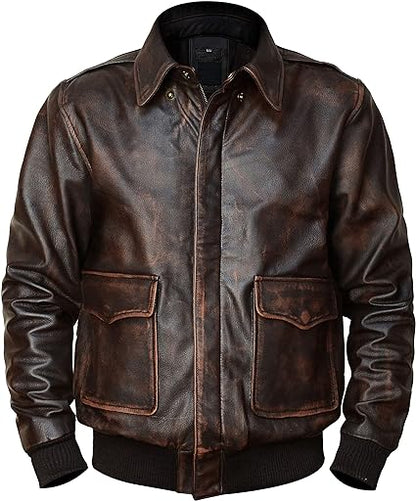 Mens  Leather Jacket  Air Force Flight Pilot Aviator  Brown Bomber Leather jacket