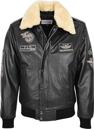 Mens Real Leather Bomber Jacket Detachable Collar Aviator Style Pilot-N