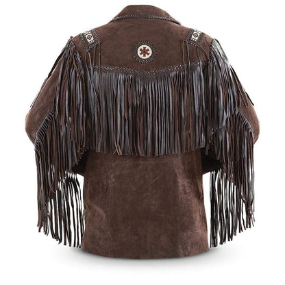 Men's Traditional Western Cowboy Leather Jacket coat with fringe bones and beads