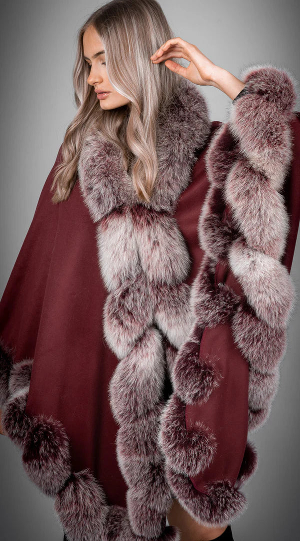 Limited Edition Cashmere & Fox Fur Spiral Cape - Bordeaux