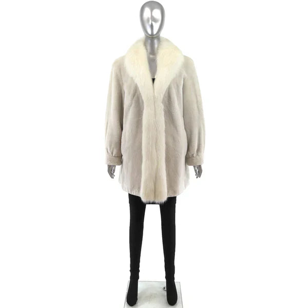 Sheared Beaver Fur Coat - Women's White Fur Coat with Fox Tuxedo