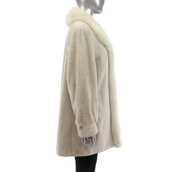 Sheared Beaver Fur Coat - Women's White Fur Coat with Fox Tuxedo