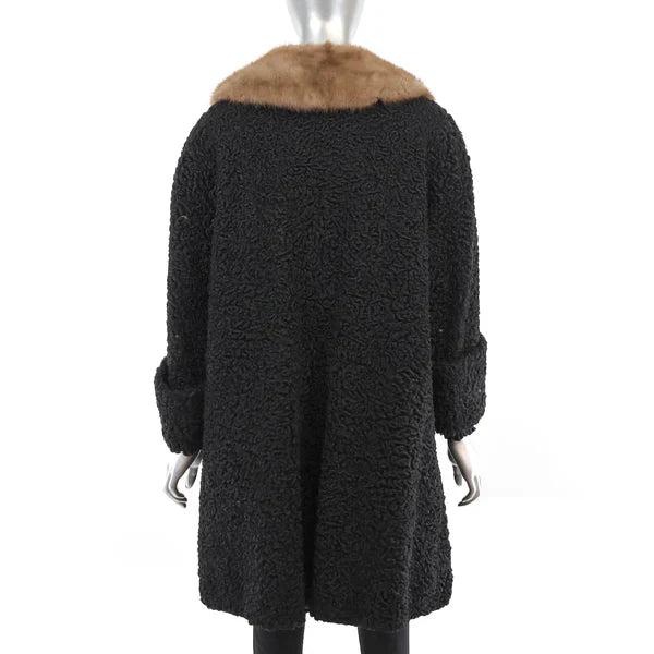 Women's Black Persian Lamb Fur Coat with Mink Collar