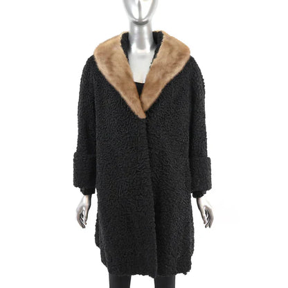 Women's Black Persian Lamb Fur Coat with Mink Collar