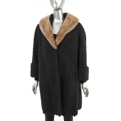 Women's Black Persian Lamb Fur Coat with Mink Collar